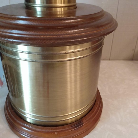 Vintage Mid Century Wood & Brass Tea Tin Canister Cylinder Lamp - Picture 2 of 13